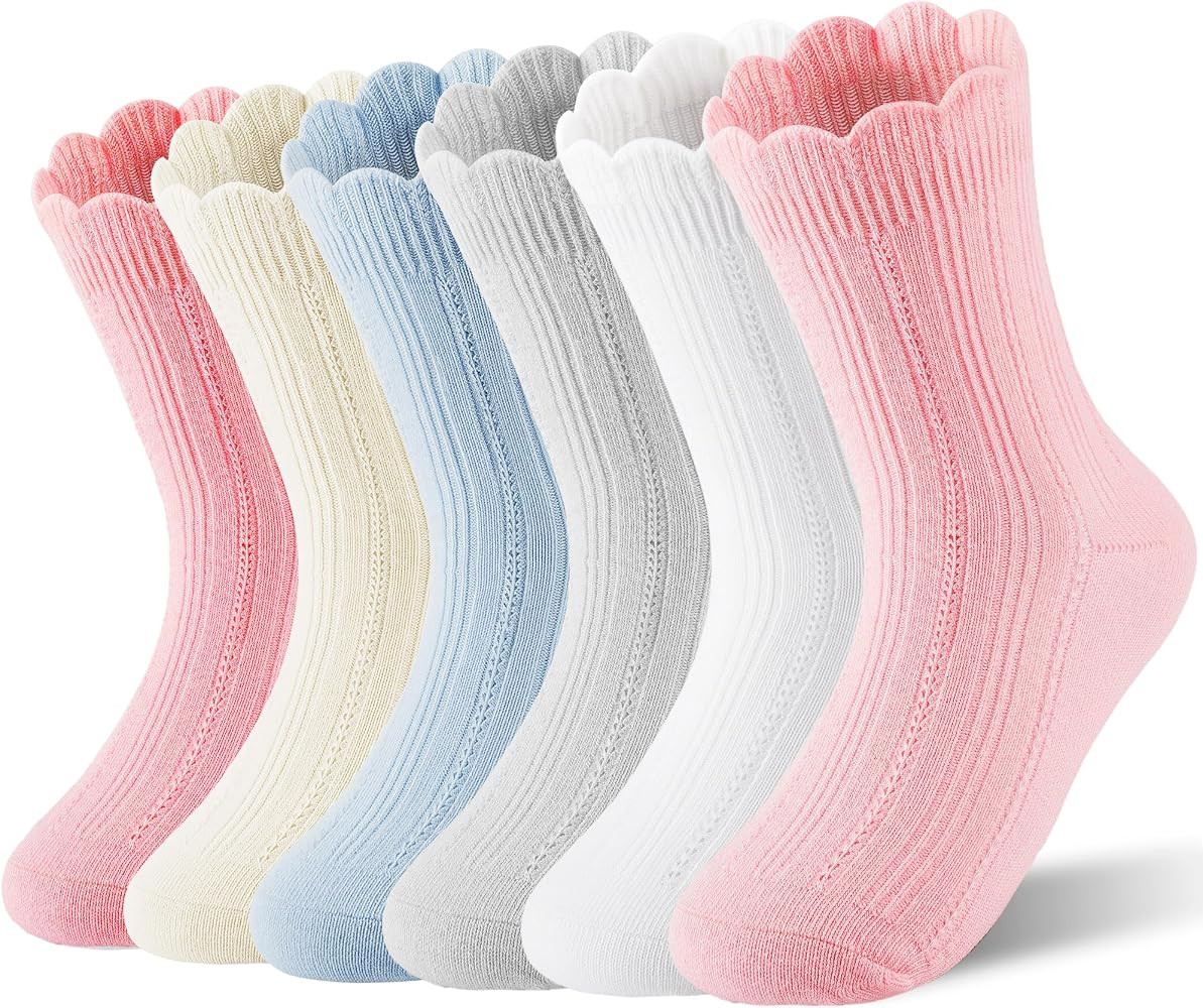 HONGTEYA Girls Socks Toddler Kids Ruffle Socks, School Uniform Dress Cotton Crew Socks for Girls ... | Amazon (US)