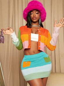 SHEIN Slayr Colorblock Button Front Crop Cardigan | SHEIN