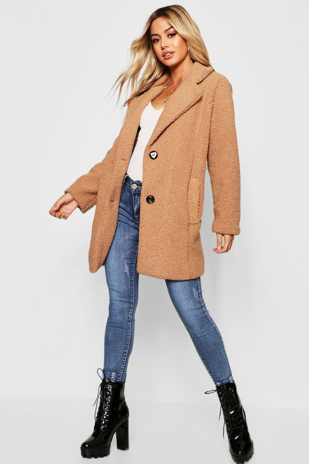 Womens Petite Button Through Teddy Coat - Beige - M | Boohoo.com (US & CA)