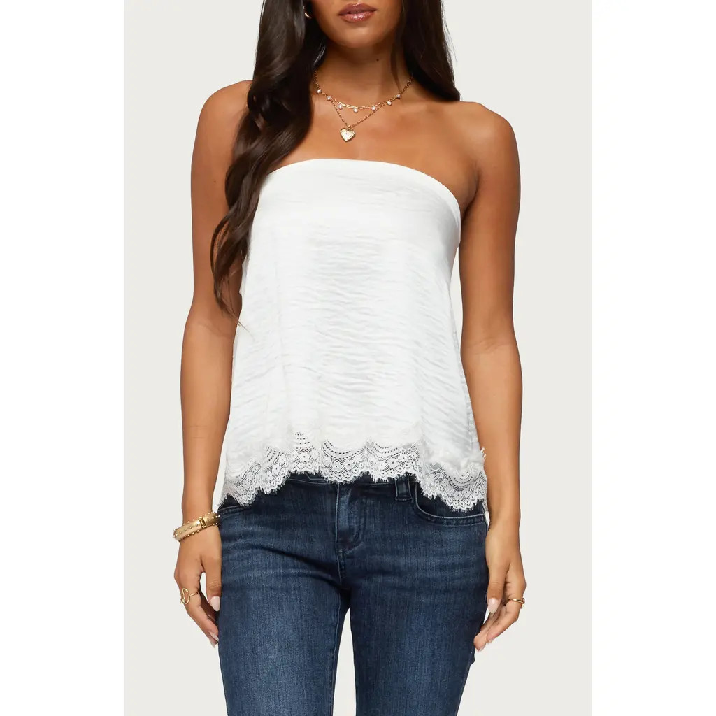 EDIKTED Netta Lacey Strapless Satin Top in White at Nordstrom, Size X-Small | Nordstrom