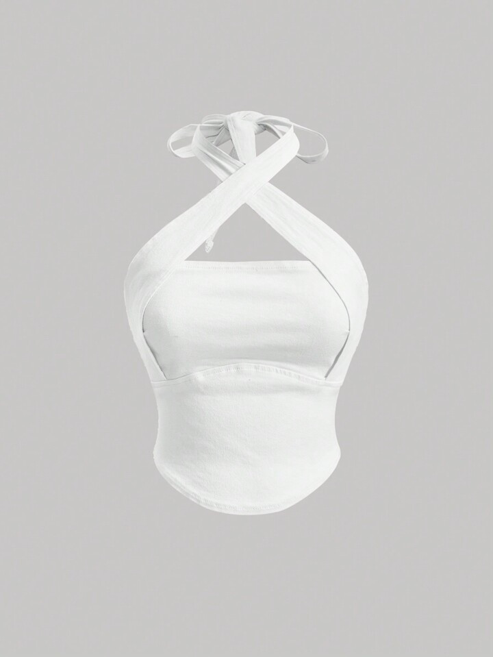 SHEIN MOD Tea Break Vintage Sweet Lady Denim Halter Top, White | SHEIN
