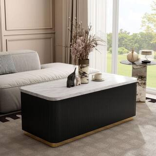 Keith 47.5 in. Black and White Rectangle Marble Top Coffee Table with Gold Accent Reeded Plinth Base | The Home Depot