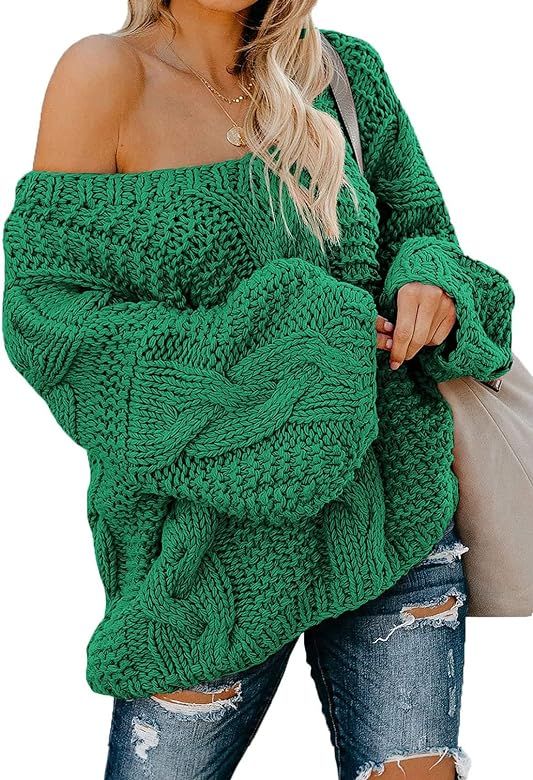 EVALESS Women's Off Shoulder Oversized V Neck Ribbed Cable Knit Long Sleeve Chunky Sweaters Pullo... | Amazon (US)