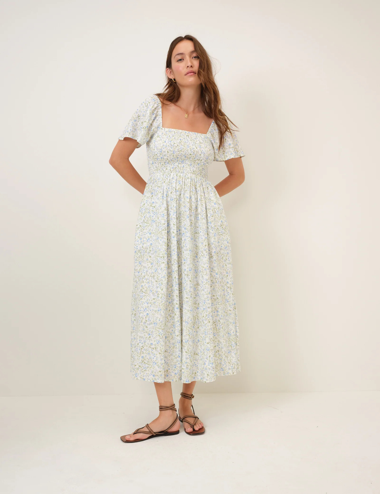 Blue Floral Shirred Bella Midi Dress | Nobody's Child