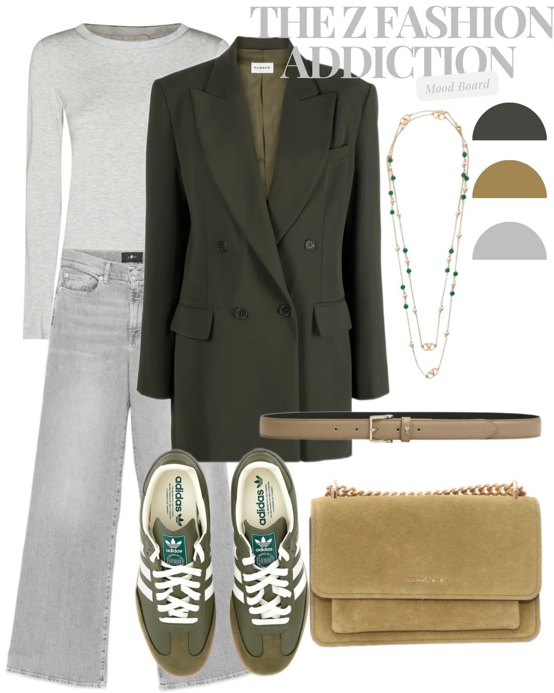 How to style the khaki blazerOffice work wear outfit styling guide outfit inspiration what to wear tomorrow today inspo flat shoes sneakers mustard grey green adidas jewelry necklace chic elegant look ideas

#LTKsale #LTKbag #LTKshoes