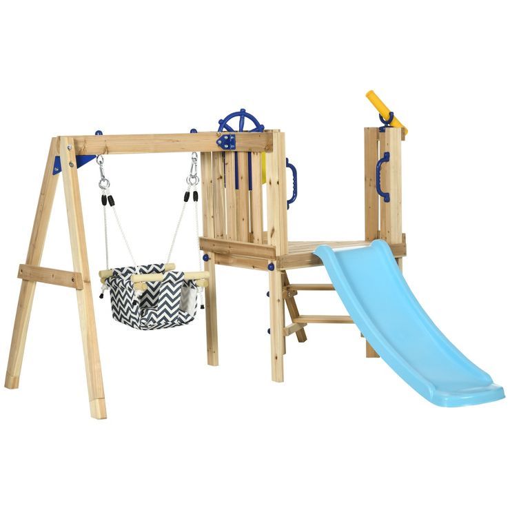 Outsunny Wooden Outdoor Playset with Baby Swing Seat, Toddler Slide, Wheel, Telescope, Backyard P... | Target