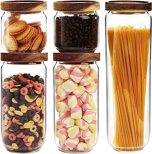 Bekith Set of 5 Glass Canisters for Kitchen, Glass Storage Jars with Airtight Acacia Wood Lid, St... | Amazon (US)