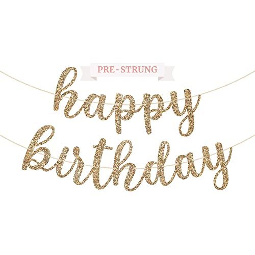 Pre-Strung Happy Birthday Banner - NO DIY - Gold Glitter Birthday Party Banner in Script - Pre-St... | Amazon (US)