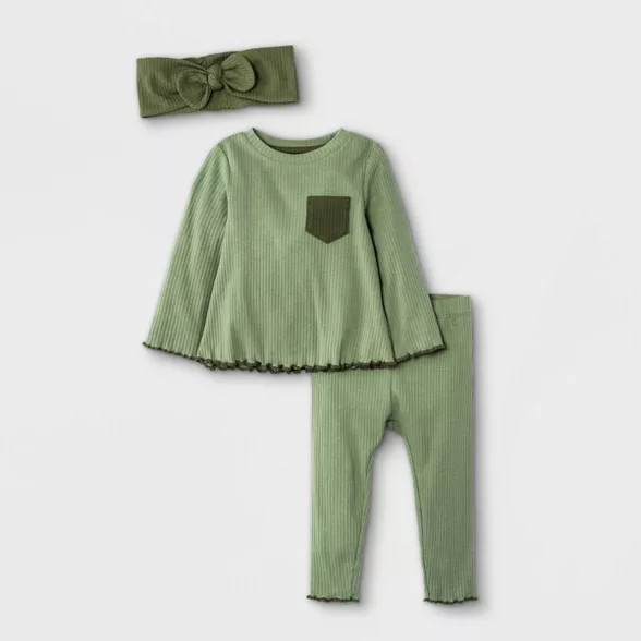 Baby Girls' 3pc Rib Top & Bottom Set with Headband - Cat & Jack™ Olive | Target
