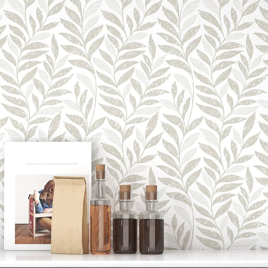 Leaf Peel and Stick Wallpaper Boho 17.3" X 78.8" Beige and White Wallpaper Self Adhesive Removabl... | Amazon (US)