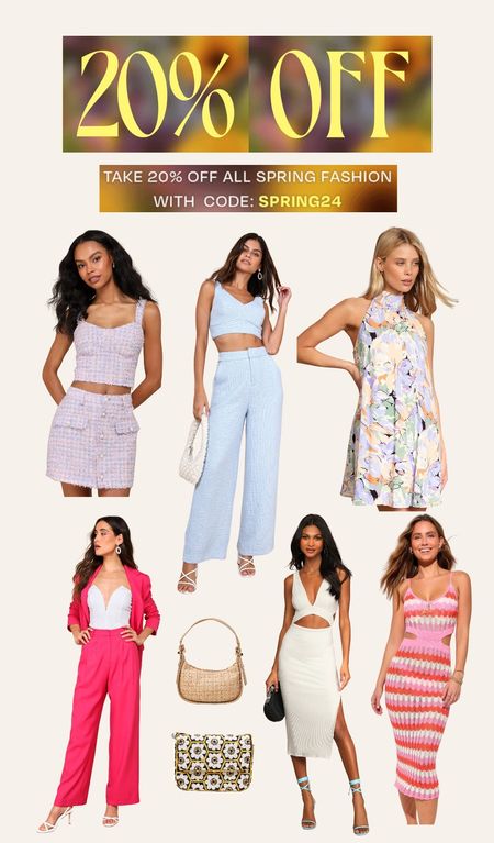 20% off spring styles with code SPRING24. Lavender tweed mini skirt, blue tweed wide leg pants, floral halter shift dress, hot pink pants, straw look purse, daisy beaded bag, white cutout honeymoon dress, pink striped crochet swim cover.

#LTKfindsunder50 #LTKsalealert #LTKfindsunder100