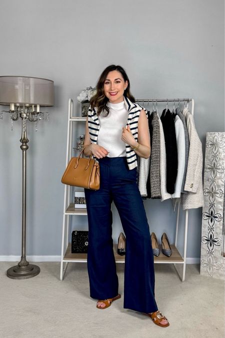 Preppy spring outfit 💙🤍

White mock neck sweater size small, TTS
Navy wide leg linen pants size 4, big in waist but may be too tight in thighs to size down 
Blue and white striped cardigan size small, TTS 
Tan sandals (linked similar)

Coastal grandmother 
Preppy outfit 
Casual outfit 
Weekend style 


#LTKtravel #LTKSeasonal #LTKstyletip
