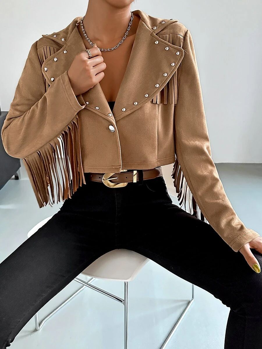 HomeWomen ClothingWomen OuterwearWomen JacketsSHEIN BAE Fringe Trim Single Button Crop Jacket | SHEIN