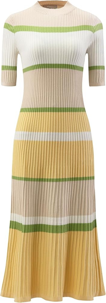 Women's Knit Striped Dresses Short Sleeve Midi Ribbed Sweater Dress | Amazon (US)