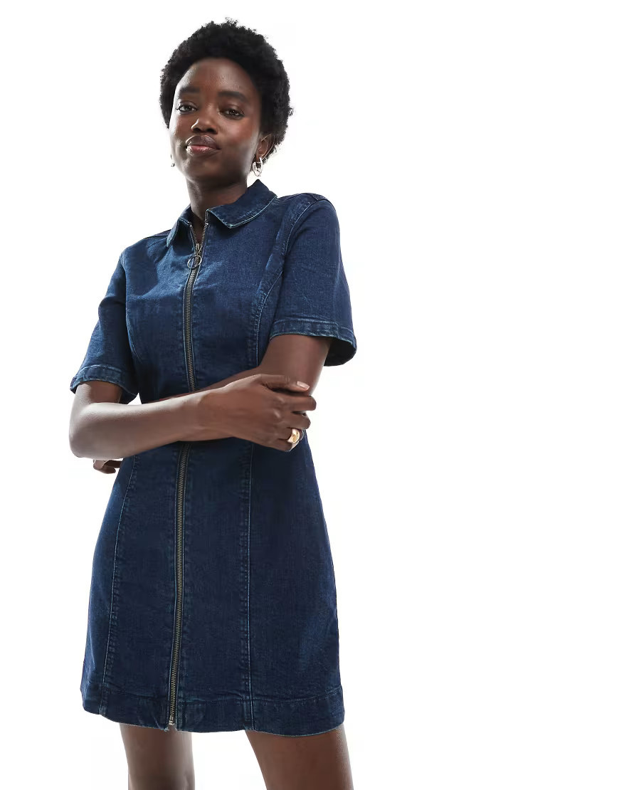 ASOS DESIGN denim short sleeve mini dress with zip through in dark wash-Blue | ASOS (Global)