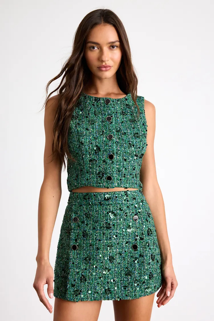 Namari Emerald Tweed Sequin Double-Breasted Mini Skirt | Lulus
