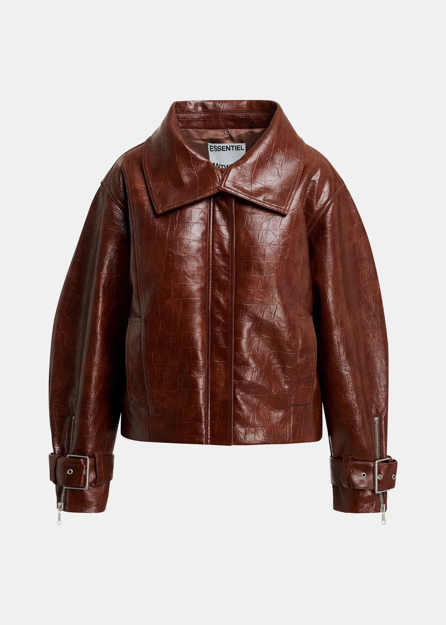 Brown faux leather jacket with green faux fur collar | Essentiel Antwerp United Kingdom | Essentiel Antwerp