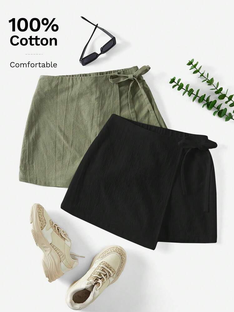 SHEIN Essnce Women's Solid Color Twist Asymmetric Hem Casual Shorts For Summer 2 Packs Skirt With... | SHEIN