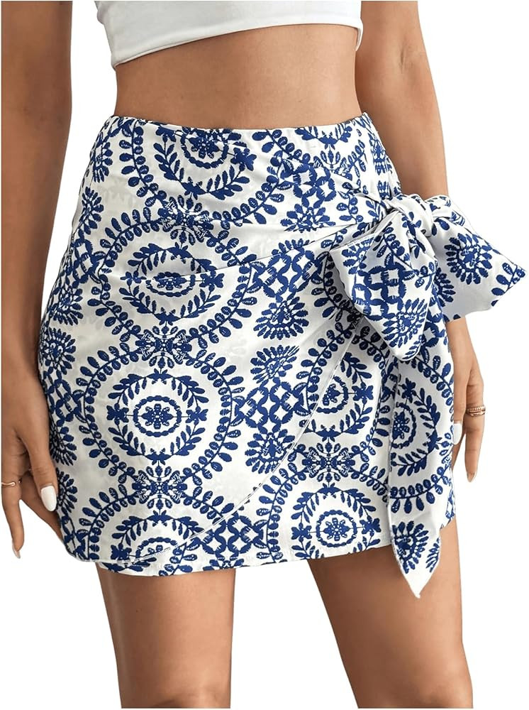WDIRARA Women's Allover Print Knot Side High Waist Wrap Skirt Zipper Back Boho Mini Skirt | Amazon (US)