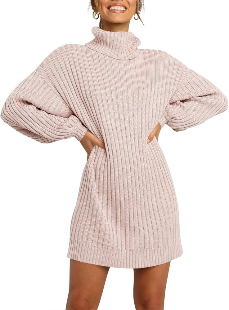 Prinbara Women Turtleneck Long Lantern Sleeve Casual Loose Oversized Sweater Dress Soft Winter Pu... | Amazon (US)