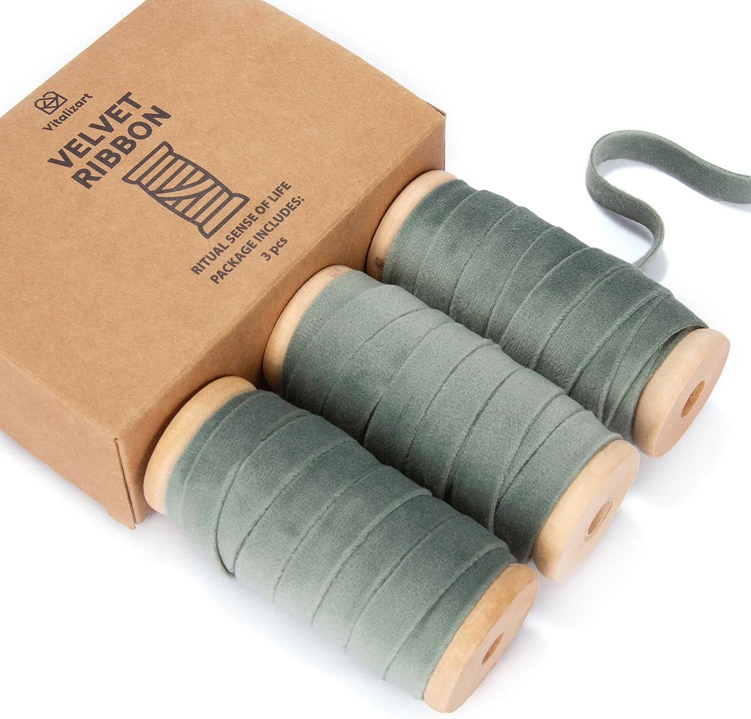 Vitalizart Dusty Green Velvet Ribbon Set 3/8"" x 15Yd Wooden Spool Fabric Trim Eco-Friendly 3 Rol... | Amazon (US)