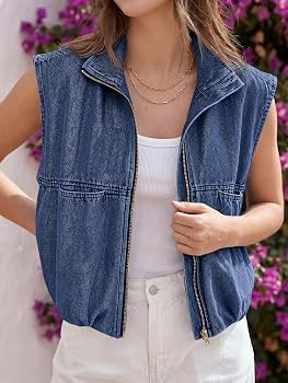 Tankaneo Womens Zip Up Denim Vest Jean Top Summer Casual Sleeveless Jacket | Amazon (US)