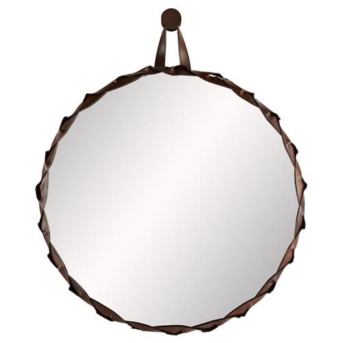 Arteriors Powell Modern Brown Leather Loop Round Wall Mirror   Large | Kathy Kuo Home