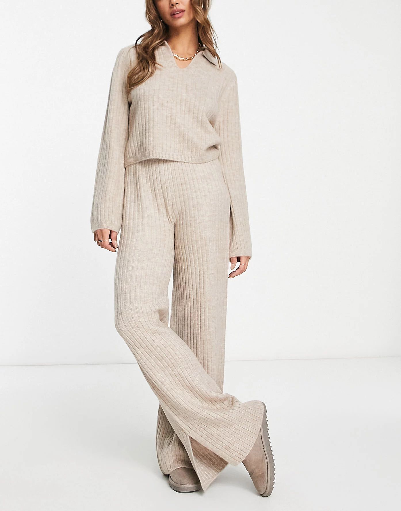 ASOS DESIGN premium lounge knitted collared sweater & pants set in stone | ASOS (Global)