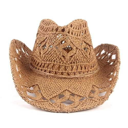 Straw Cowboy Hat Cowgirl Straw Hats Shapeable Wide Brim Staw Beach Sun Hat Brown | Amazon (US)