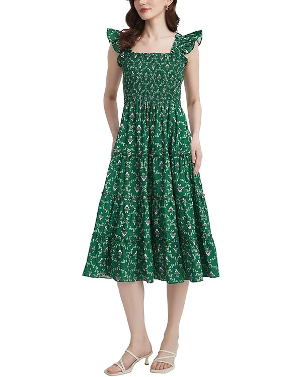Women's Floral Smocked Midi Dress Square Neck Ruffle Strap Sleeveless Flowy A-Line Long Beach Sun... | Amazon (US)