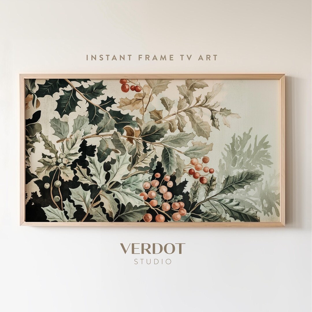 Vintage Green Christmas Frame Tv Art, Holly Berry Holiday Painting Tv Digital Download, Christmas... | Etsy (US)