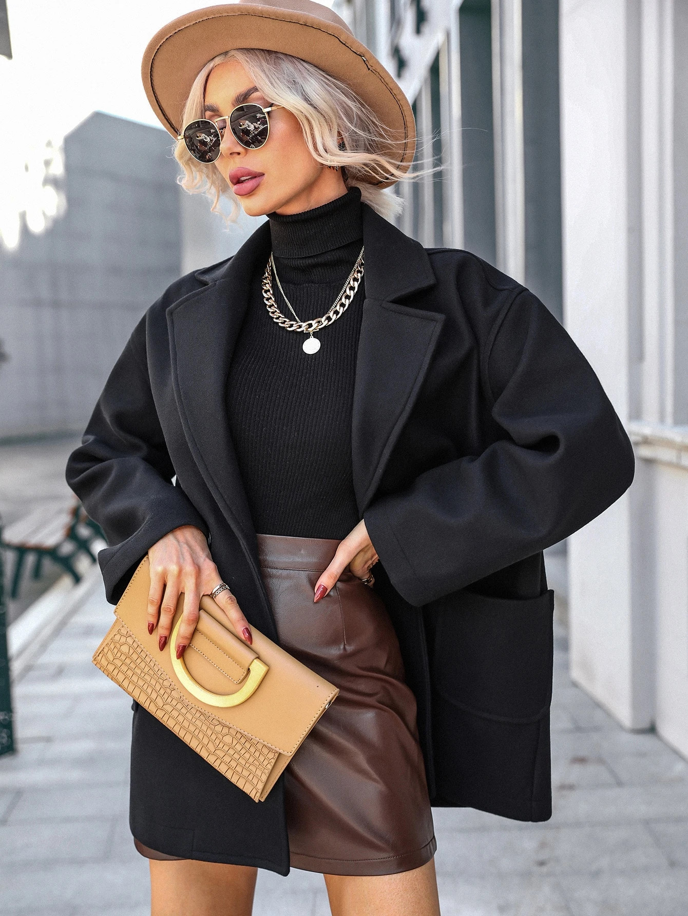 SHEIN LUNE Lapel Neck Drop Shoulder Double Breasted Overcoat | SHEIN