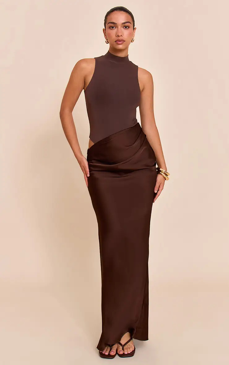 Chocolate Mesh Racer Satin Skirt Maxi Dress | PrettyLittleThing USA | PrettyLittleThing US