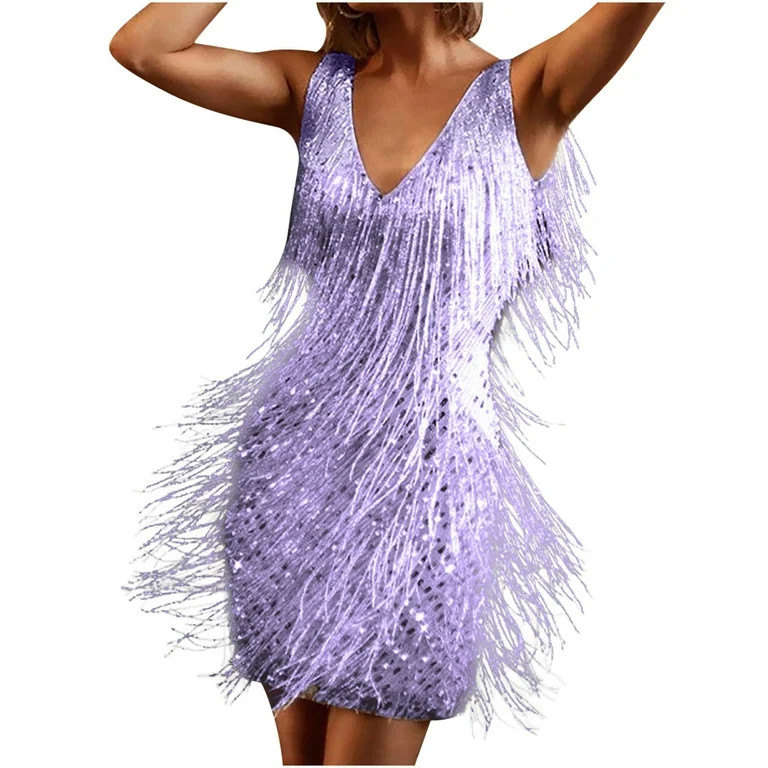 Women's Sexy V Neck Sequin Tassel Dress Sleeveless Fringe Dance Dress Sparkle Flapper Glitter Clu... | Walmart (US)