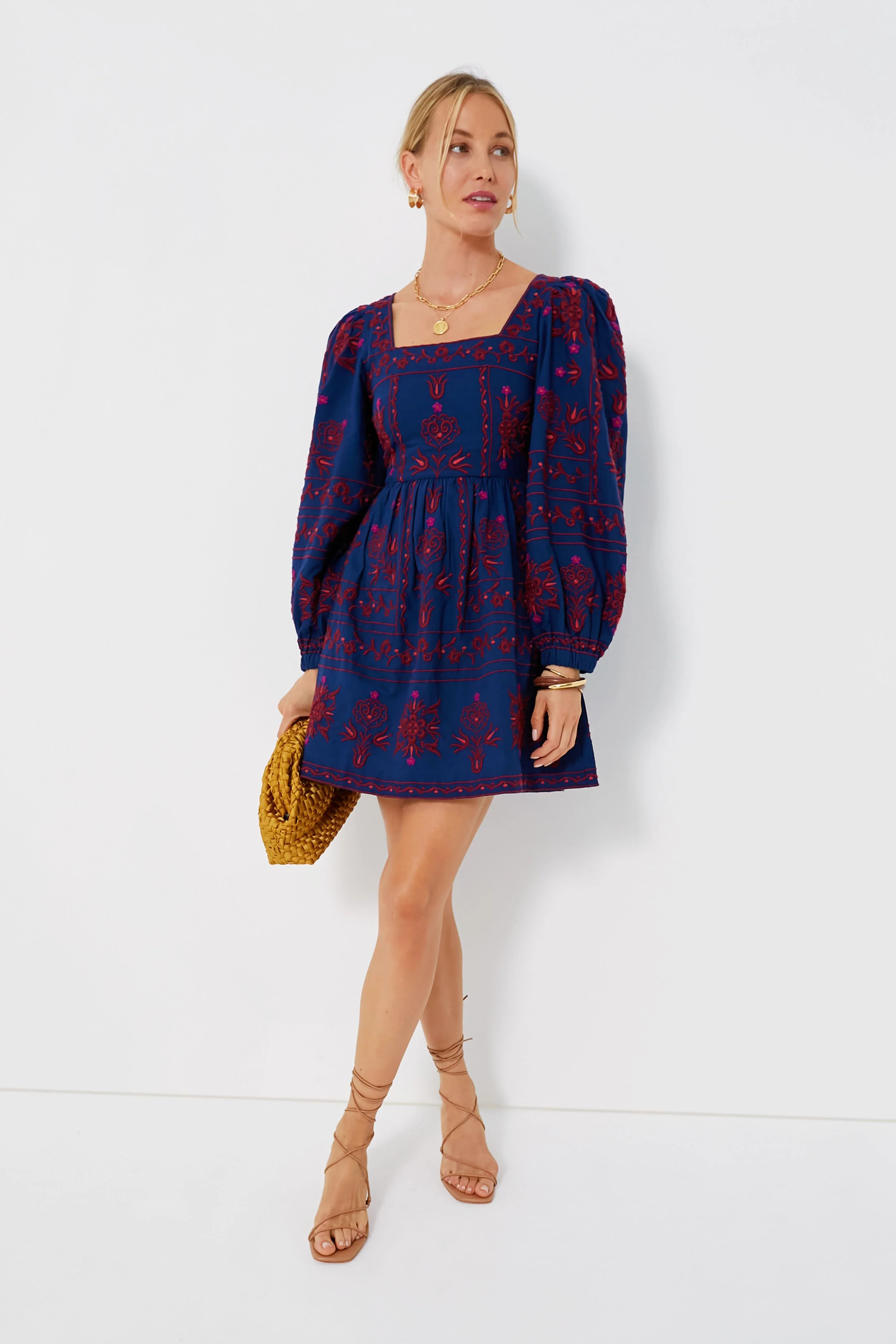 Navy Petunia Embroidery Long Sleeve Square Neck Dress | Tuckernuck (US)