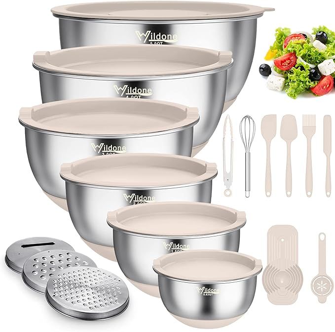 Wildone Mixing Bowls with Airtight Lids, 22 PCS Stainless Steel Mixing Bowls Set, 3 Grater Attach... | Amazon (US)