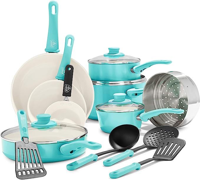 GreenLife Soft Grip Healthy Ceramic Nonstick, Cookware Pots and Pans Set, 16 Piece, Turquoise | Amazon (US)