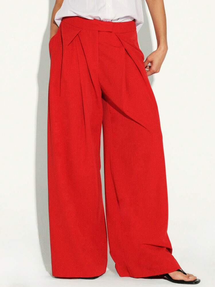 KSTM Pleated Wide Leg High Waisted Palazzo Pants For Women - Casual Chic Loose Fit Trousers With ... | SHEIN