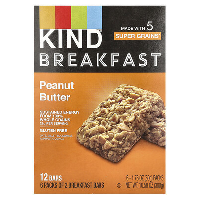 KIND Bars, Breakfast Bar, Peanut Butter, 6 Packs, 1.76 oz (50 g) Each | iHerb