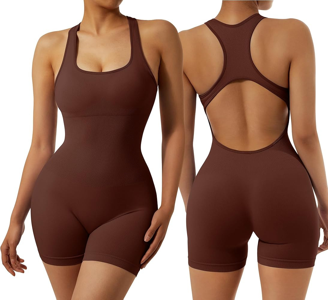 RXRXCOCO Women's Sexy Sleeveless Yoga Jumpsuits Shorts Bodysuit One Piece Deep Scoop Neck Backles... | Amazon (US)