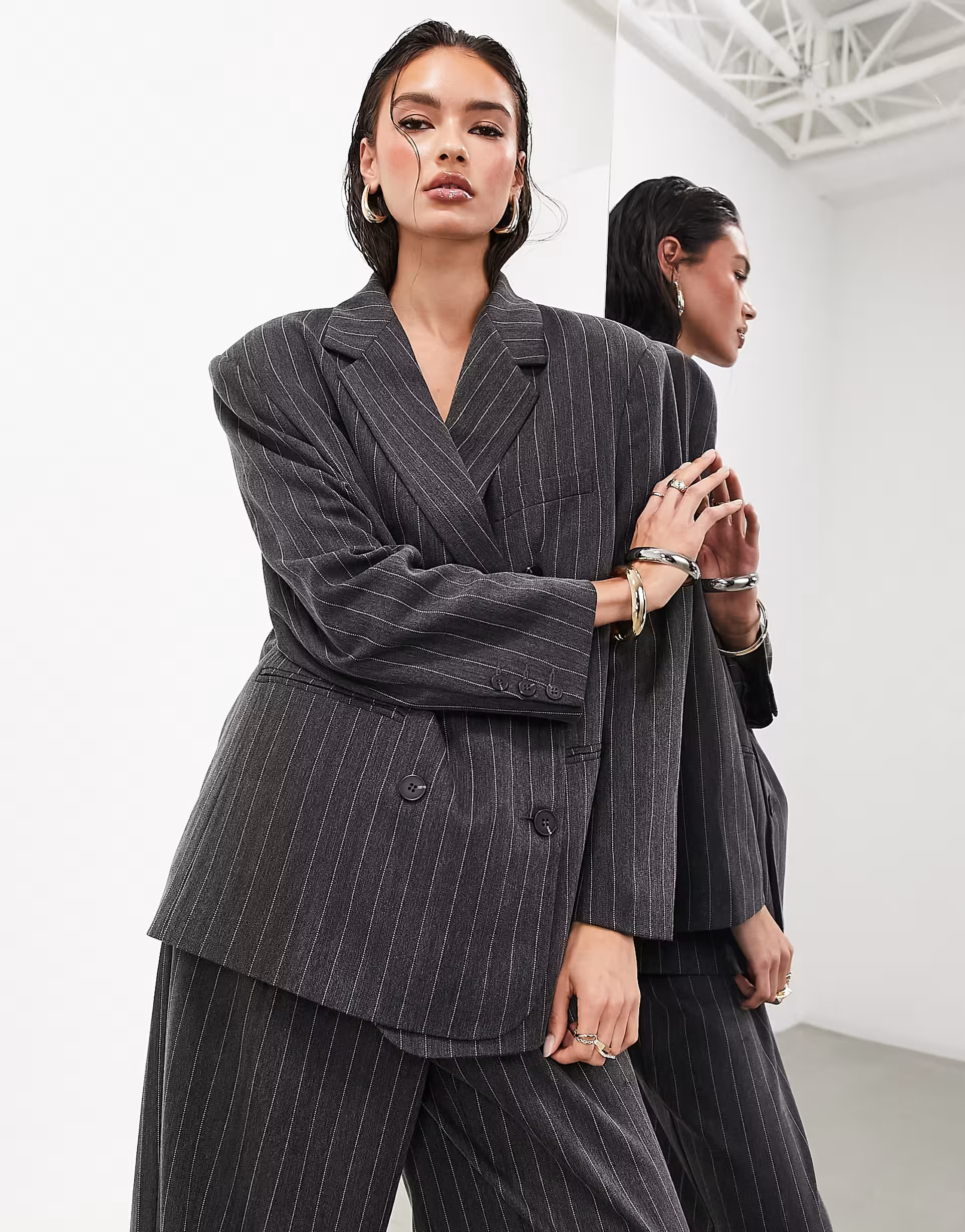 ASOS EDITION double breasted mansy blazer in charcoal pinstripe | ASOS (Global)