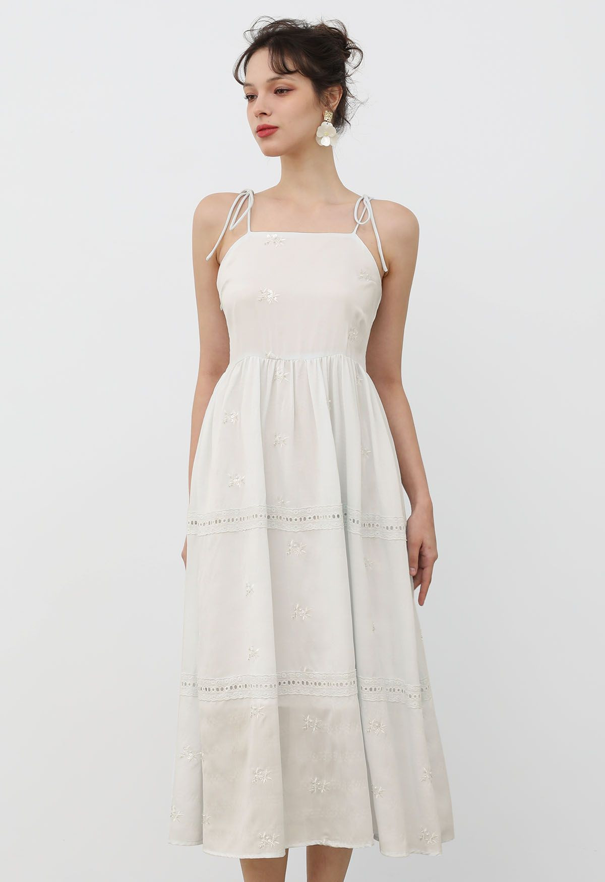 Sequined Embroidery Tie-Shoulder Cami Dress in Ivory | Chicwish