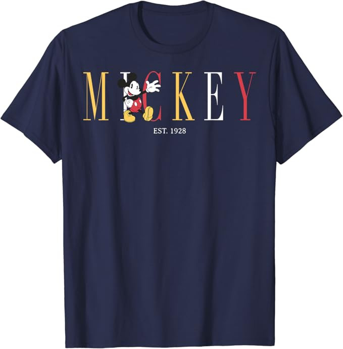 Disney mens Classic Disney Mickey And Friends Mickey Mouse Est 1928 Simple Text T Shirt, Blue, Sm... | Amazon (US)