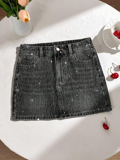 Comfortcana Women's Fashionable Versatile Rhinestone Embellished Denim Mini Skirt With Pockets | SHEIN