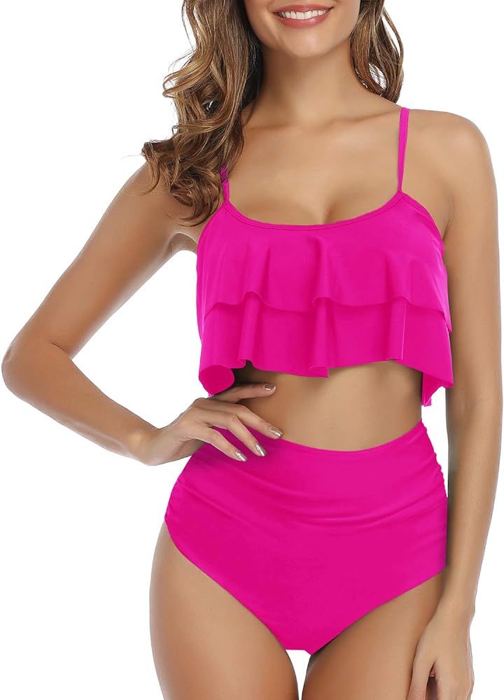 Tempt Me Women Ruffle High Waisted Bikini Two Piece Swimsuits Ruched Bathing Suit | Amazon (US)