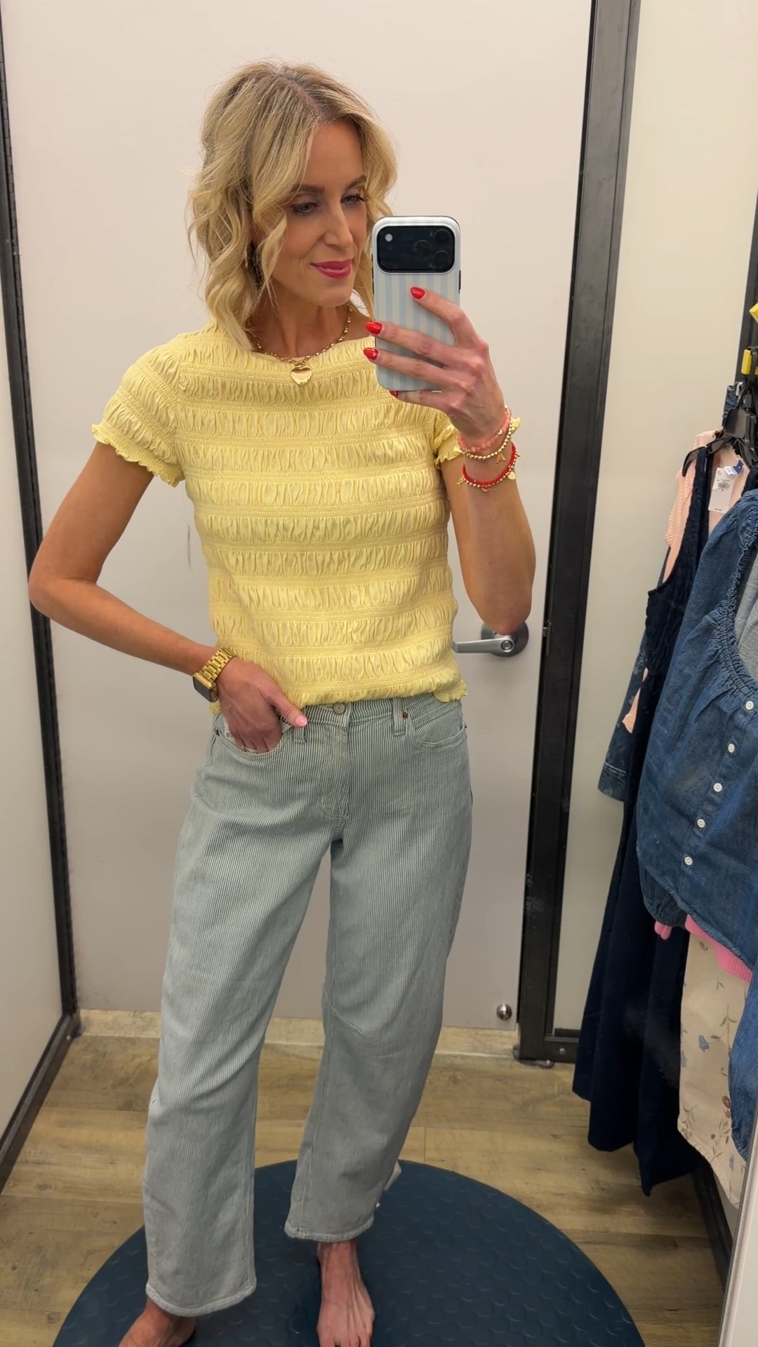 Butter yellow ruched top with striped barrel leg jeans