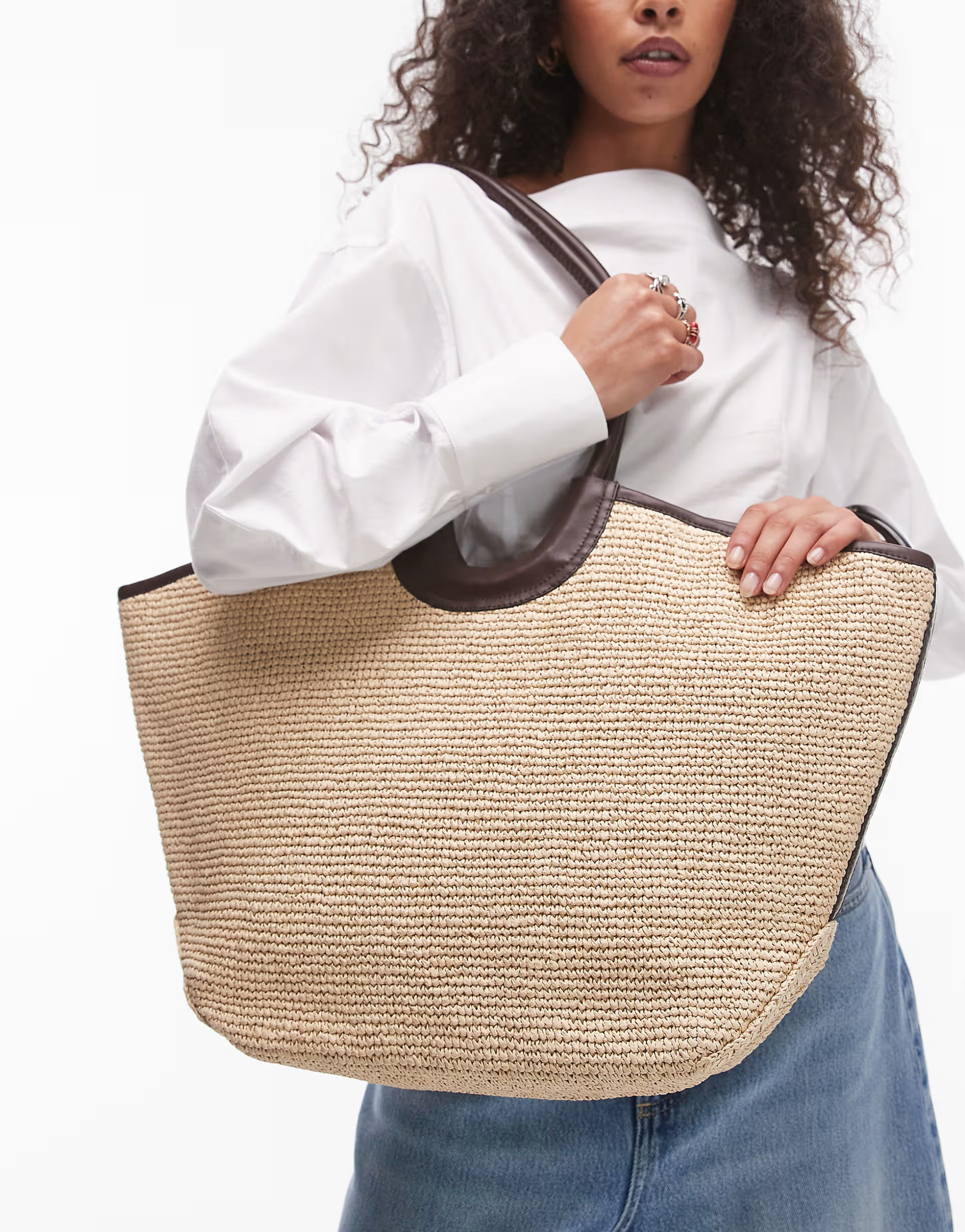& Other Stories large straw tote with brown leather details contrast stitches in netural beige | ... | ASOS (Global)