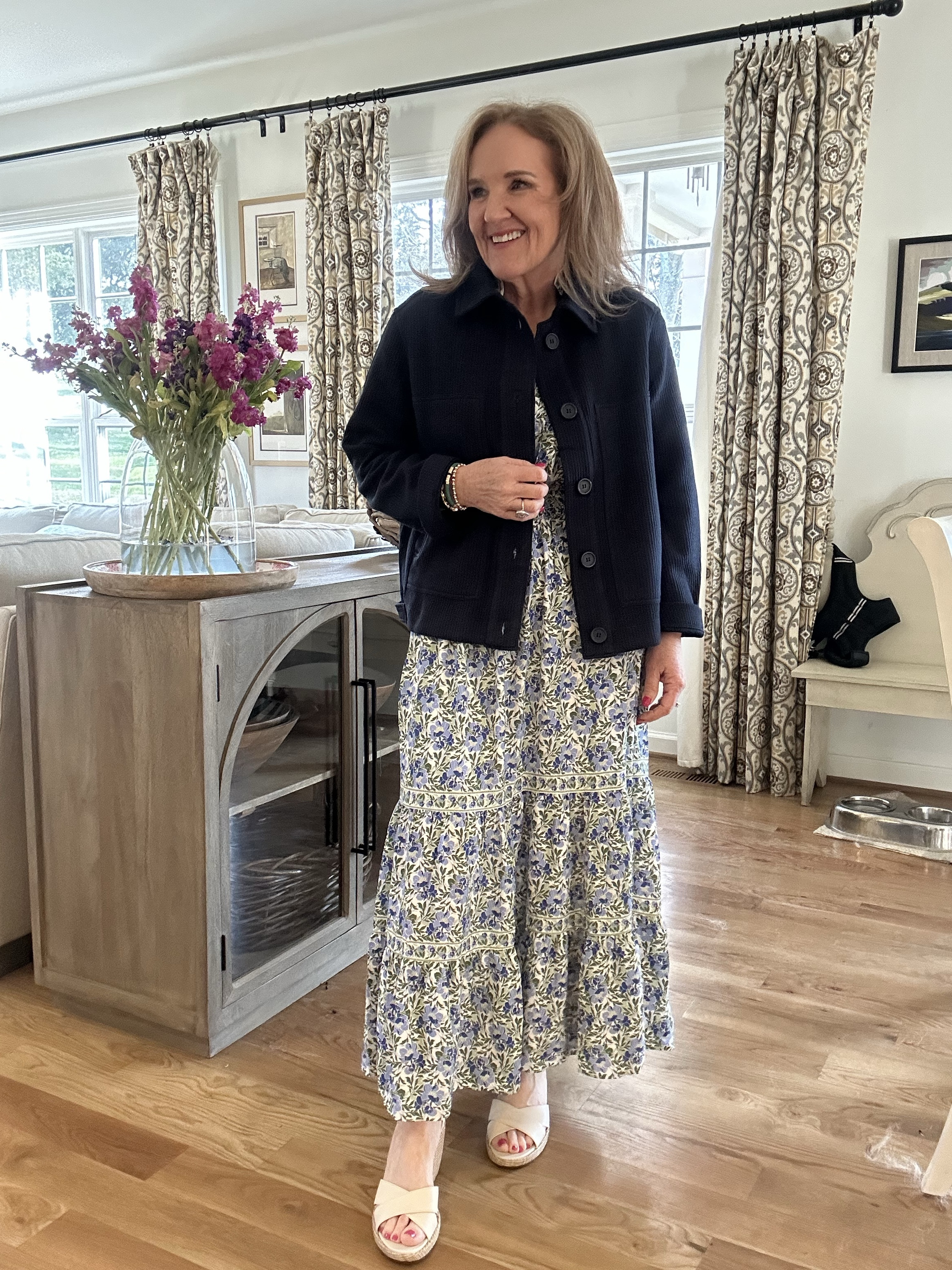 Wearing a medium 
Eby bra 15% off code nanettefs15

Vacation dress resort, dress baby shower dress rehearsal dinner dress wedding guest dress Nordstrom rack blue jacket 

#LTKWedding #LTKOver40 #LTKFindsUnder50