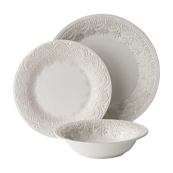 The Pioneer Woman Vintage Lace 12-Piece Ceramic Dinnerware Set, Linen | Walmart (US)