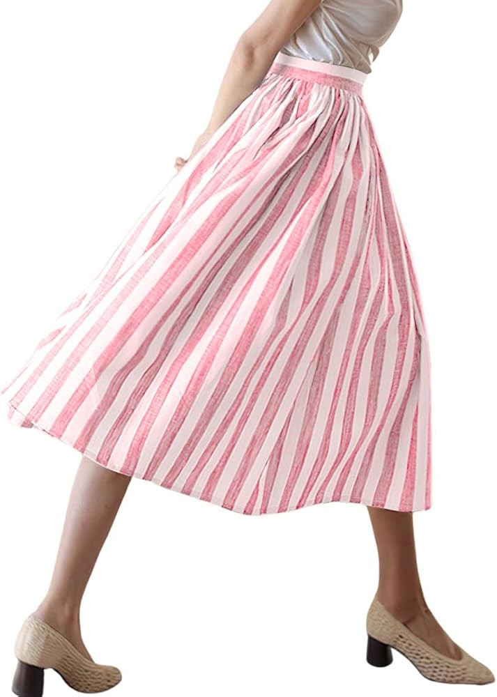 chouyatou Women's Vertical Striped Pleated Skirt Casual Elastic Waist A Line Swing Midi Long Skir... | Amazon (US)